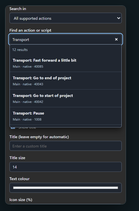 Screenshot of the REAPER Live Control action inspector searching for transport actions, with results from the Action List