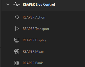 Stream Deck action list showing the REAPER Live Control actions: Action, Transport, Display, Mixer and Bank