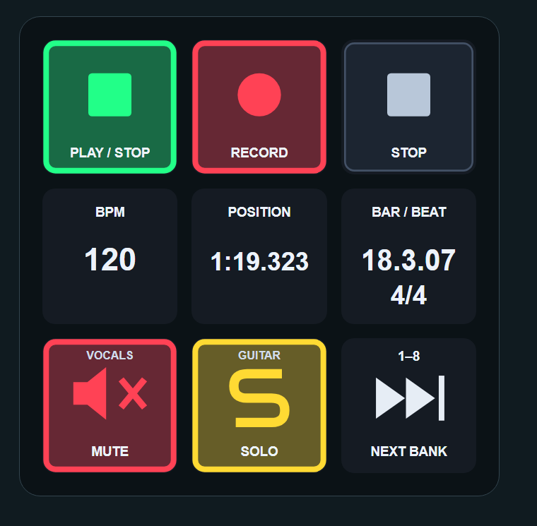 Stream Deck running REAPER Live Control, the studio's first release, with transport keys and BPM readouts