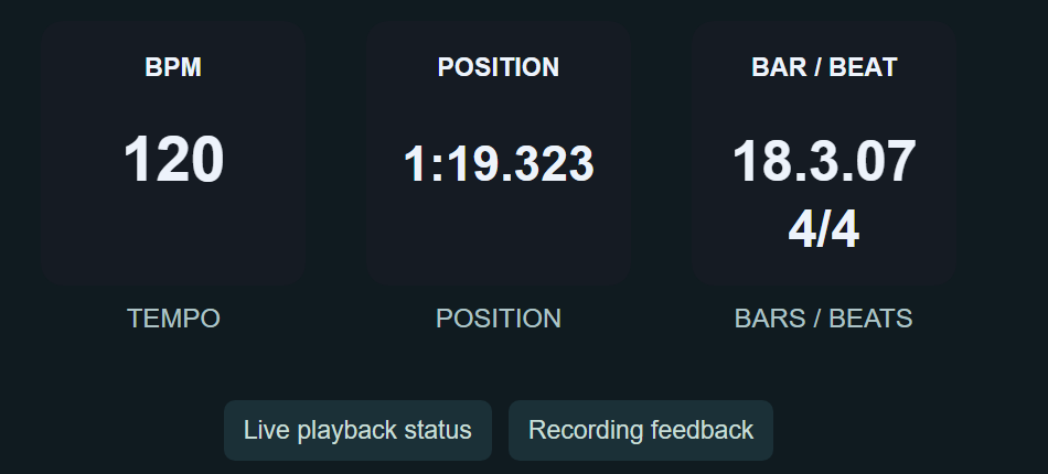 Stream Deck keys showing live readouts: BPM 120, song position 1:19.323 and bar/beat 18.3.07 in 4/4