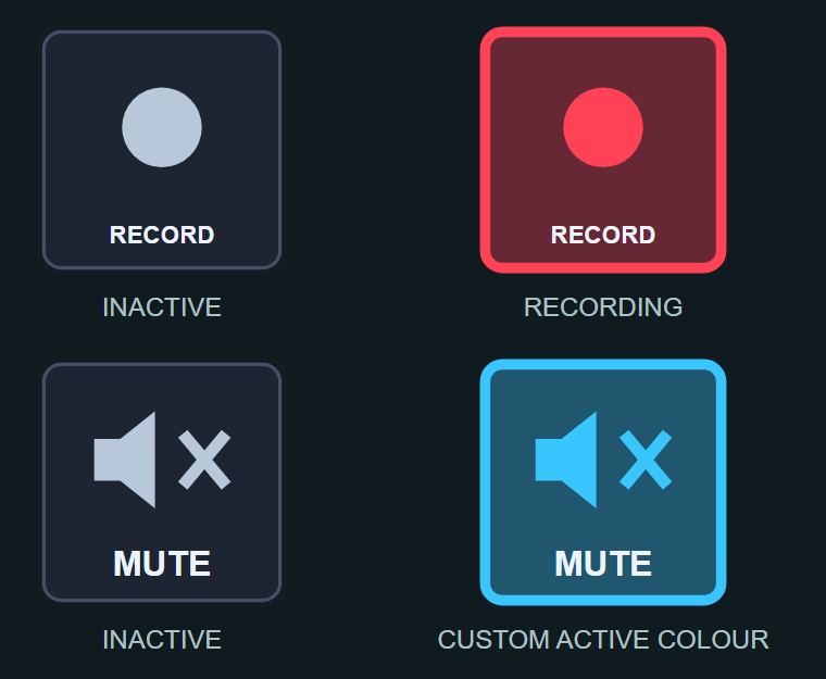 Record and mute keys shown inactive and active, with custom active colours applied
