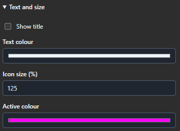 Plugin settings for text and size: show title, text colour, icon size and active colour